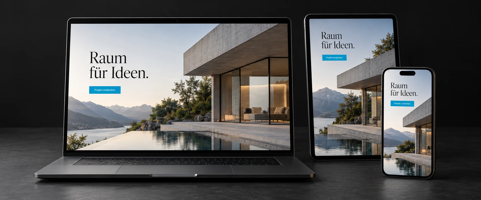 Illustrative Website auf Laptop, Tablet und Smartphone, kein Kundenprojekt